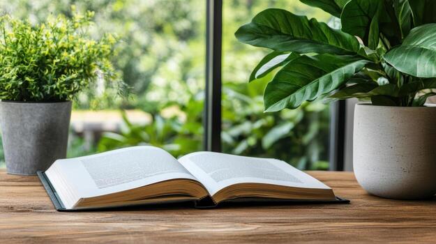 An open book on a wooden table with a potted plant in front of a window photo