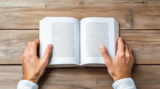 A person's hands are holding an open book on a wooden table photo