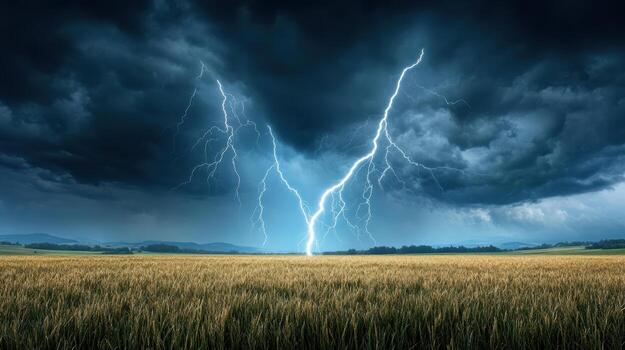Lightning strike over a field with a stormy sky photo
