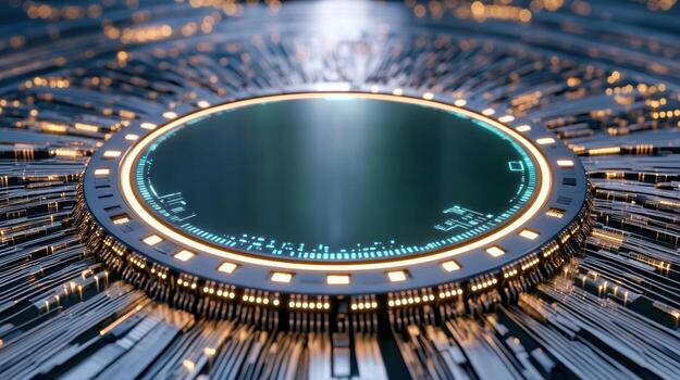 A circular digital clock with a glowing light photo