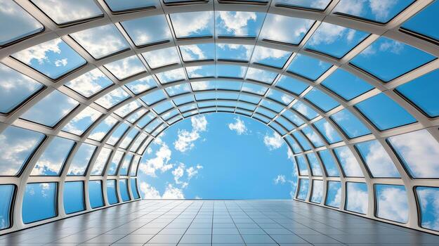 A large glass tunnel with sky and clouds photo