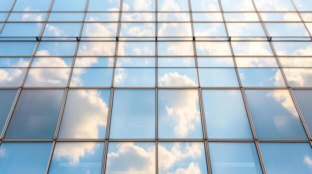 A building with glass windows and clouds reflected in them photo