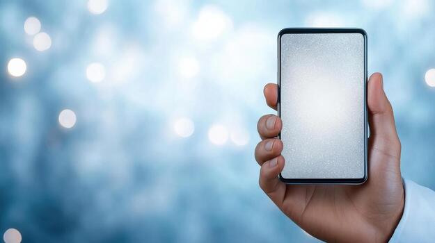 A person holding up a smartphone with a blank screen photo