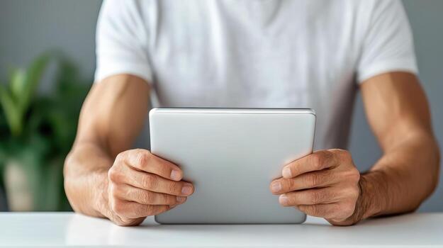 Man using tablet computer on table photo