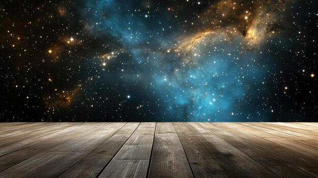 An empty wooden floor with a galaxy background photo