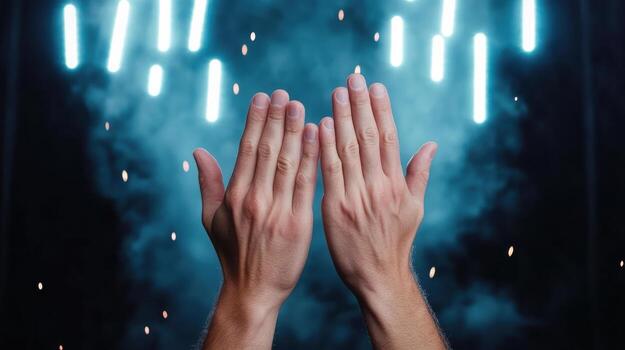 Hands clapping in front of a blue light photo