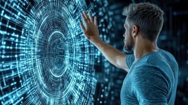 A man is touching a digital screen with a circular pattern photo