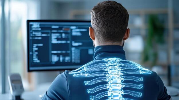 A man with a skeleton on his back looking at a computer screen photo