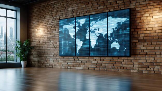 A large screen with a world map on it in an empty room photo