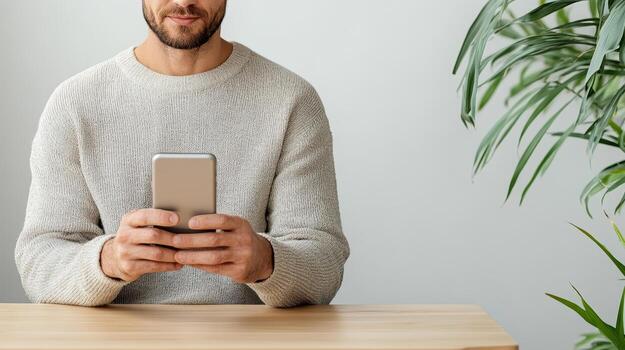 A man in a sweater is using his phone photo