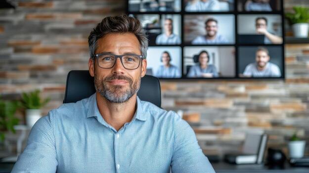 A man in glasses is sitting in front of a conference screen photo
