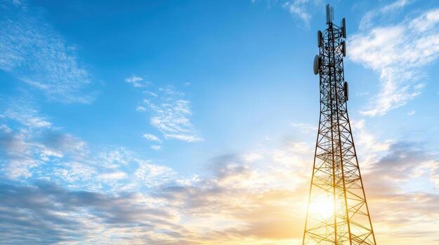 Cell phone tower with sun setting behind it photo