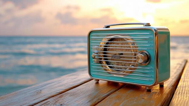 Retro radio on wooden table with ocean in background photo