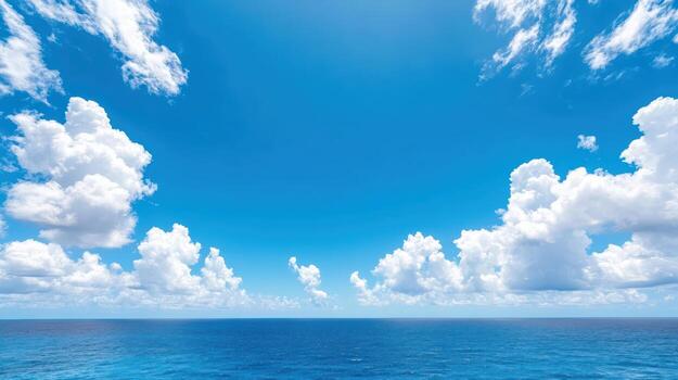 A blue ocean with clouds and a bright sun photo