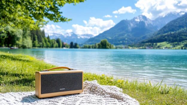 A portable bluetooth speaker is sitting on the grass near a lake photo