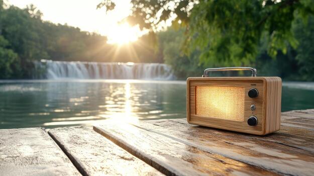 An old radio sits on a wooden table near a waterfall photo