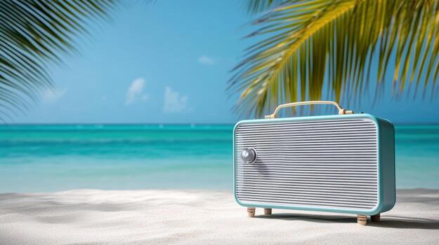 Retro suitcase on the beach with palm trees photo