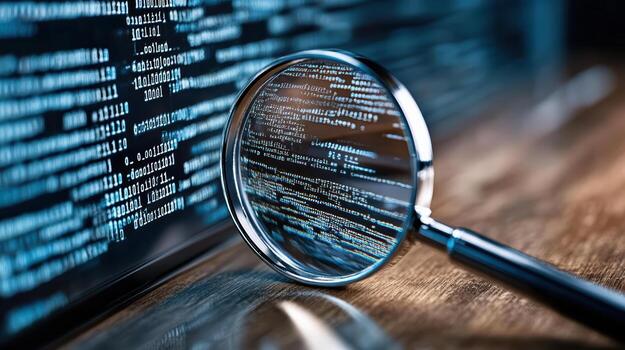 Magnifying glass on computer code photo