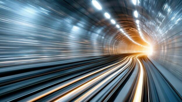 A train moving through a tunnel with light coming from the end photo