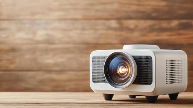 A small projector on a wooden table photo