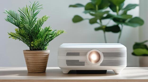A home theater projector with a plant on a table photo
