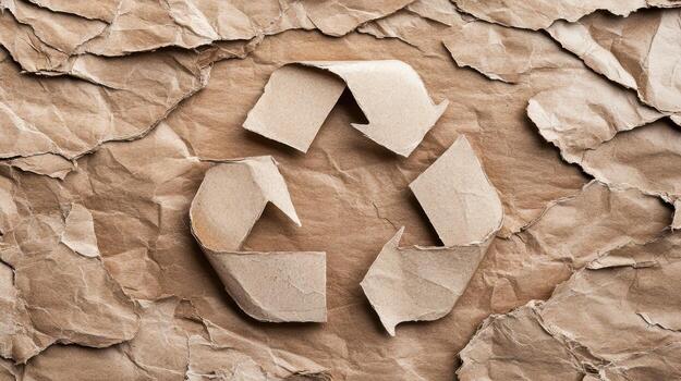Recycling symbol on crumpled paper background photo