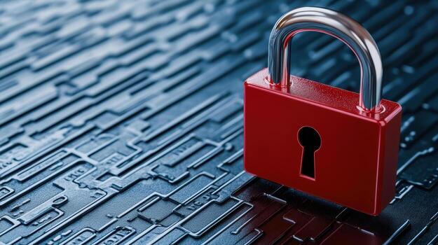 A red padlock on a computer circuit board photo