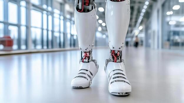 A robot's legs are standing in an office photo