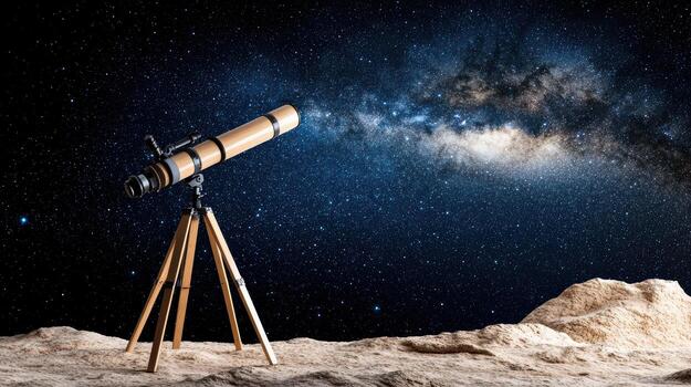Astronomy telescope on a tripod in the desert with milky way in the background photo