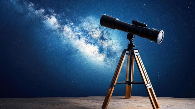 Telescope on tripod in the night sky with milky way photo