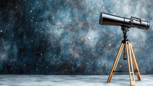Astronomy telescope on tripod in front of a space background photo