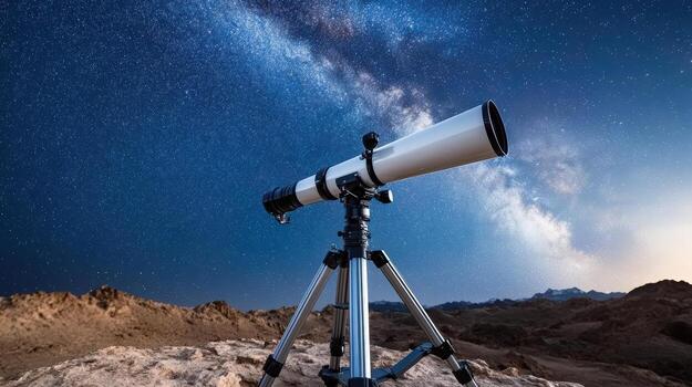 Telescope on tripod in the desert at night sky photo