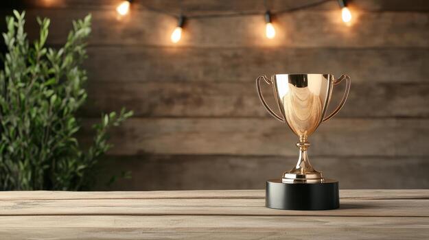 Gold trophy on wooden table with string lights photo