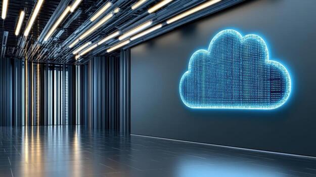 A cloud computing sign is shown in a hallway photo