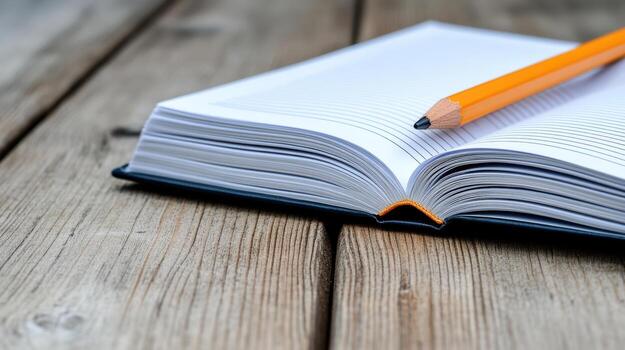A pencil and an open book on a wooden table photo