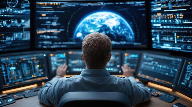 A man sitting at a computer with multiple screens showing different images photo