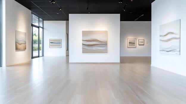 An empty art gallery with paintings on the walls photo