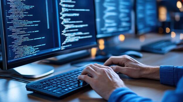 A person typing on a keyboard in front of two computer screens photo