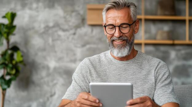A man with a beard and glasses is using a tablet photo