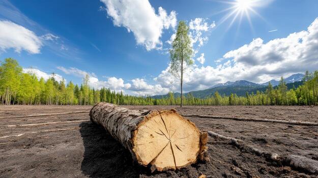 un Iniciar sesión en el medio de un campo con arboles y montañas en el antecedentes foto