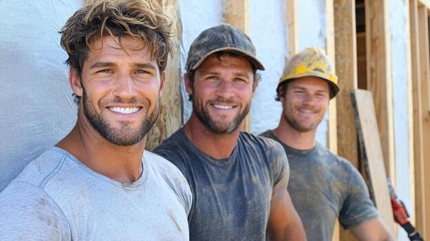 Three men standing in front of a house photo