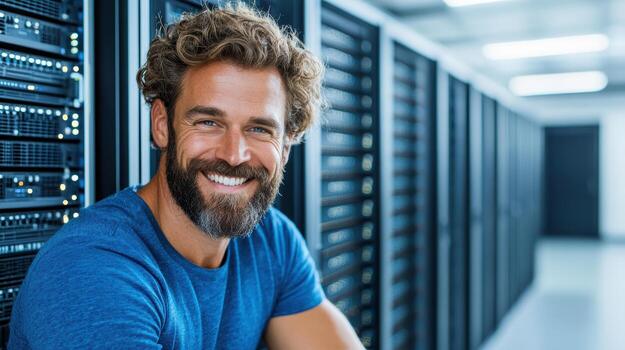 A man with a beard and a blue shirt is smiling in front of servers photo