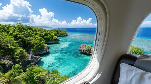View from airplane window of tropical island with blue water and green trees photo
