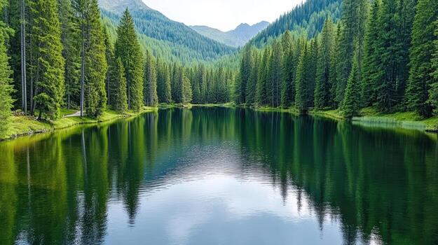 Beautiful mountain lake in the forest with green trees photo