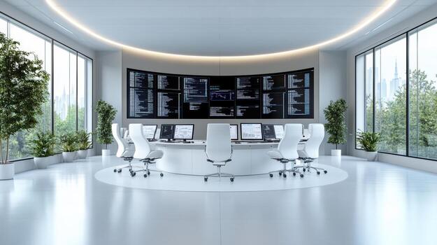 A modern office with a large screen and lots of plants photo