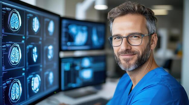 A man in a blue scrub shirt is sitting in front of two computer screens photo