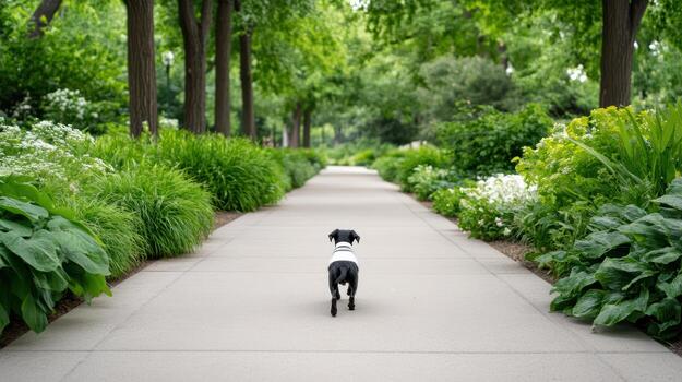 A dog walking down a path surrounded by trees photo