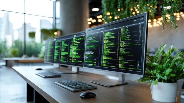 Three computer monitors on a desk in an office photo