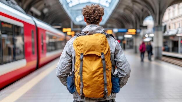 A man with a backpack standing in front of a train photo