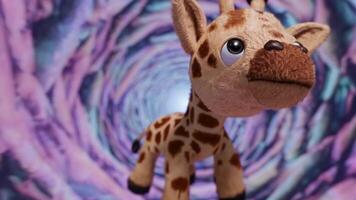 Playful giraffes float through a vibrant swirling tunnel, showcasing a whimsical journey filled with colorful textures and enchanting motion sequence video